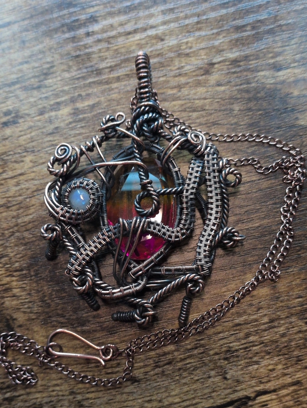 Handmade Copper Wire-Wrapped Pendant Necklace - Multi Tourmaline Stone